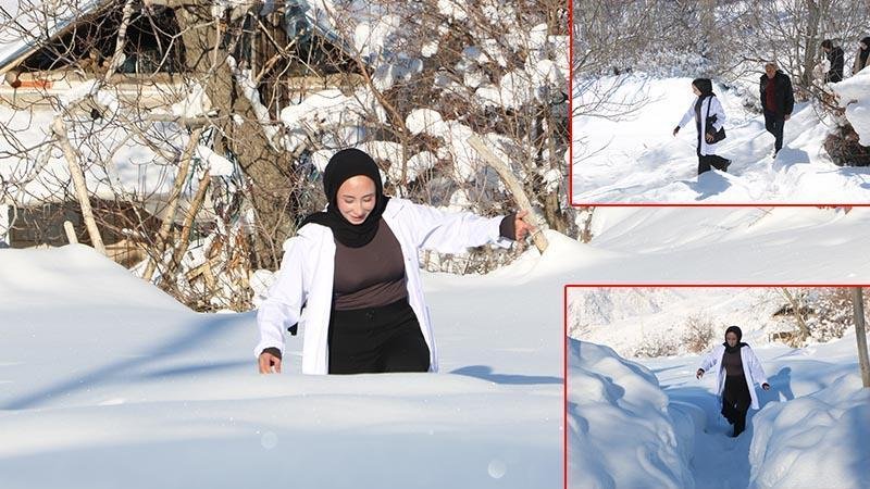 Ebe Aysel, 1.5 Metre Karla Kaplı Yolda Sağlık Hizmeti Sunuyor