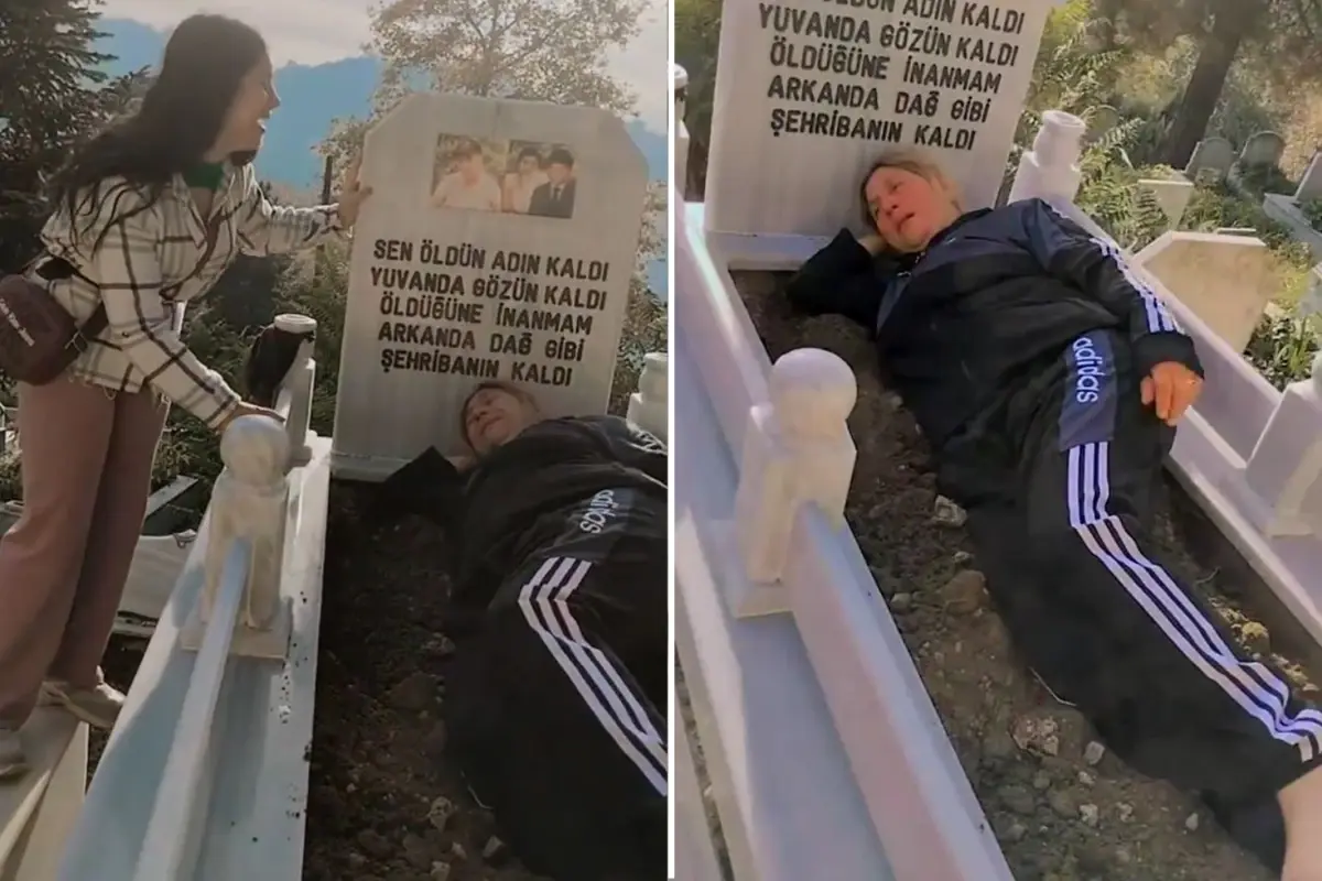 Eşinin mezarında yatarak hüngür hüngür ağladı.